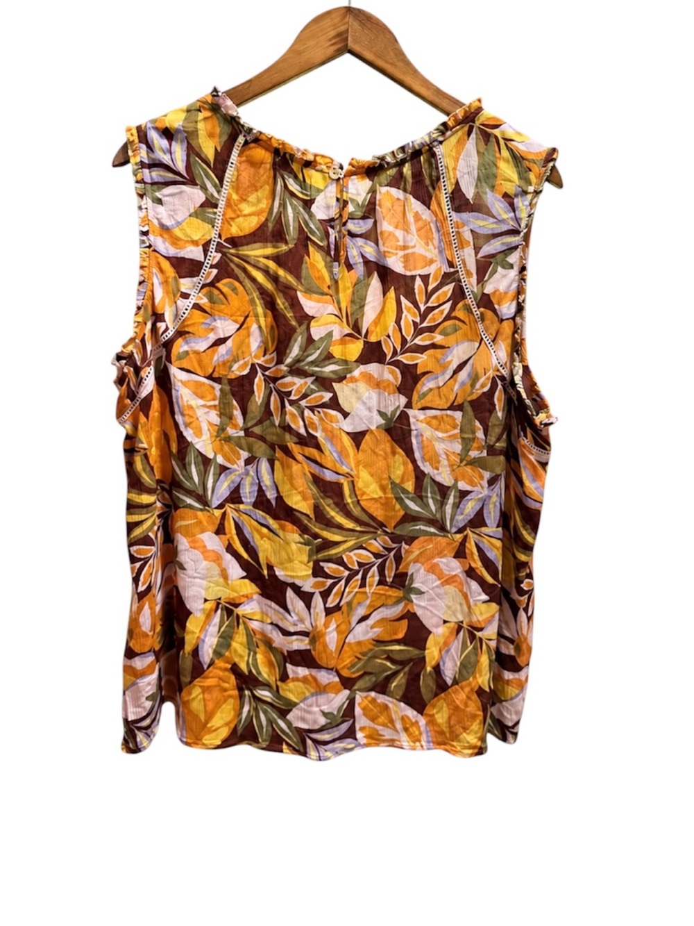 Tribal Jeans XL Floral Leaf Print Sleeveless Rayon Blouse Ruffle Trim - Picture 3 of 5